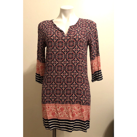 IRIS Pink Navy Print 3/4 Sleeve V-Neck Rayon Shift Mini Dress Tunic Top Large - Picture 1 of 9
